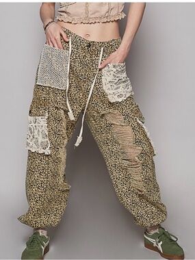 POL Leopard-Print Drawstring Joggers with Crochet Patchwork - Khaki